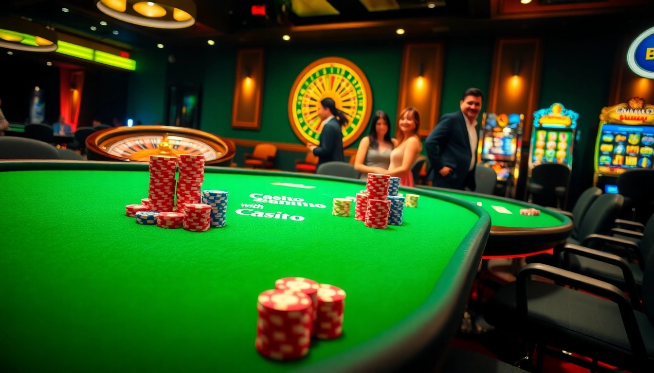 Players enjoying a vibrant casino experience at https://rr88c.mobi/ with poker tables and roulette wheels.