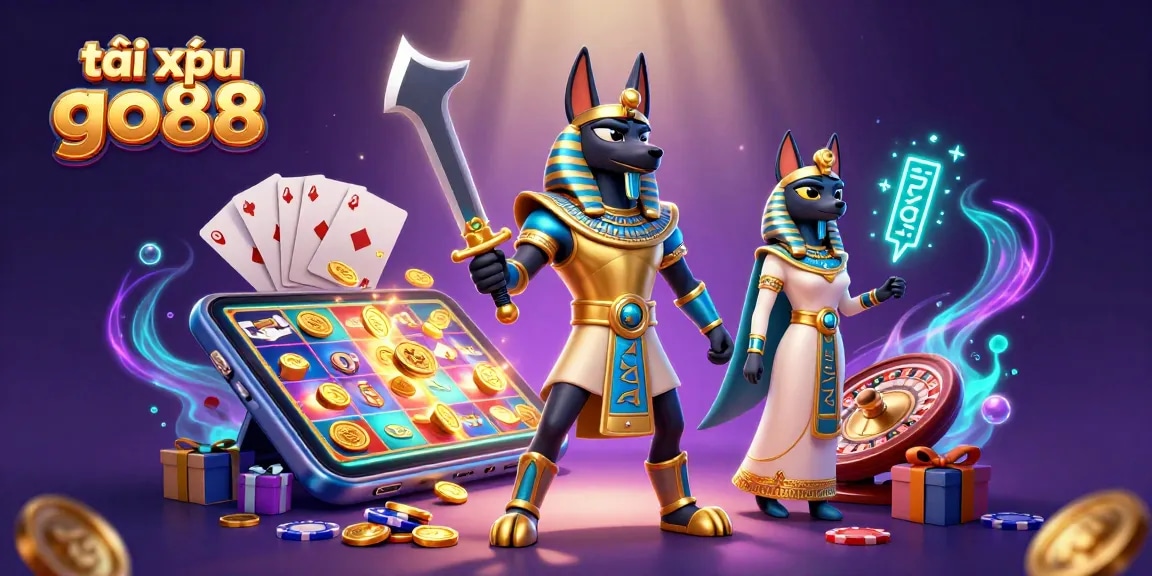Tài xỉu go88 showcases Anubis and Bastet amidst vibrant casino elements, engaging in thrilling gameplay.