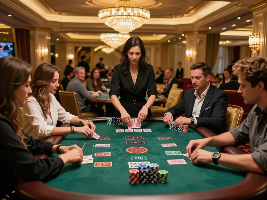 Players engaging in an intense game of blackjack at a luxurious casino table, showcasing the excitement of tx88.