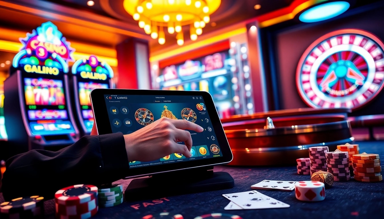 Engaging in online gambling at Rikvip, featuring vibrant casino elements like slot machines and poker chips.