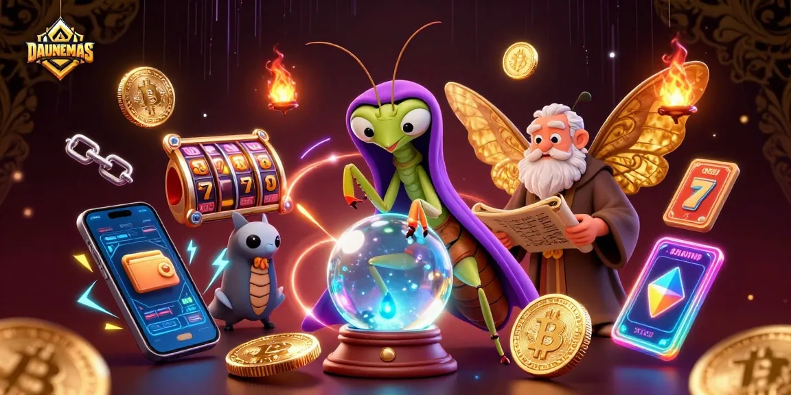 Engage with DAUNEMAS in an exciting 3D casino scene featuring a fortune teller and ancient librarian surrounded by vibrant gambling elements.