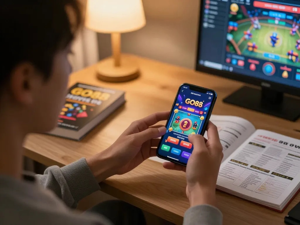 Player enjoying game go88 on smartphone while strategizing in cozy home environment