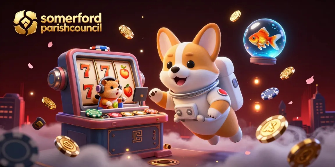 Engage at somerfordparishcouncil casino with a festive floating scene of playful characters amid vibrant gambling elements.