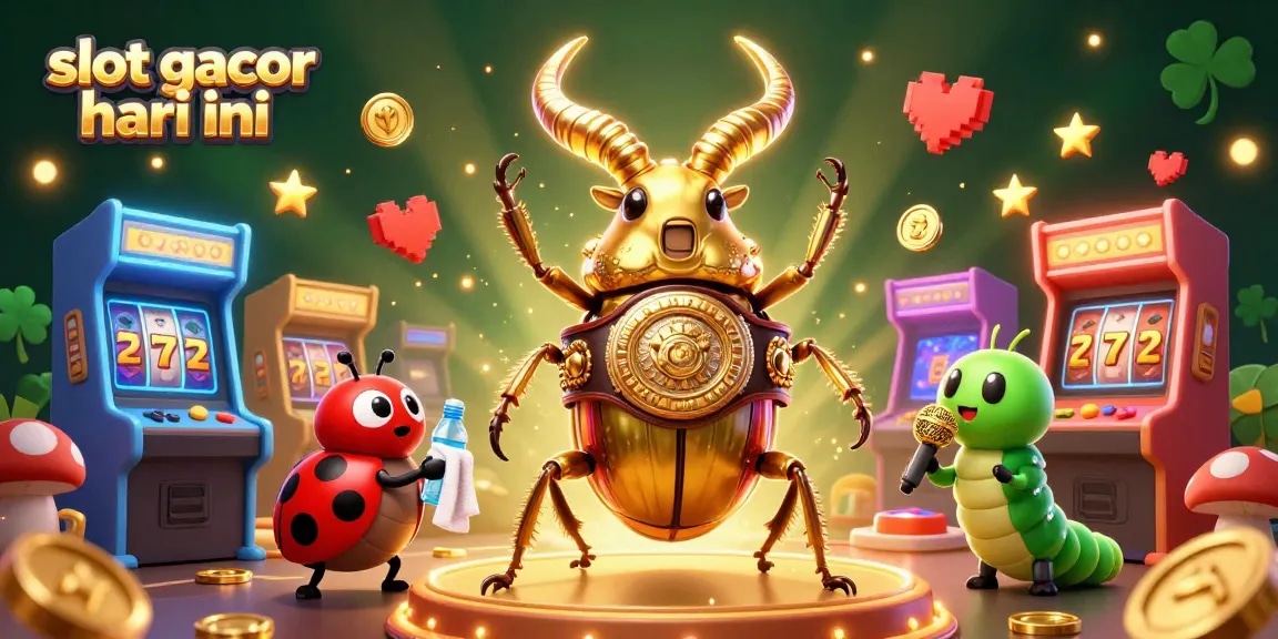 Experience slot gacor hari ini with a vibrant 3D illustration of a champion beetle and colorful casino games.