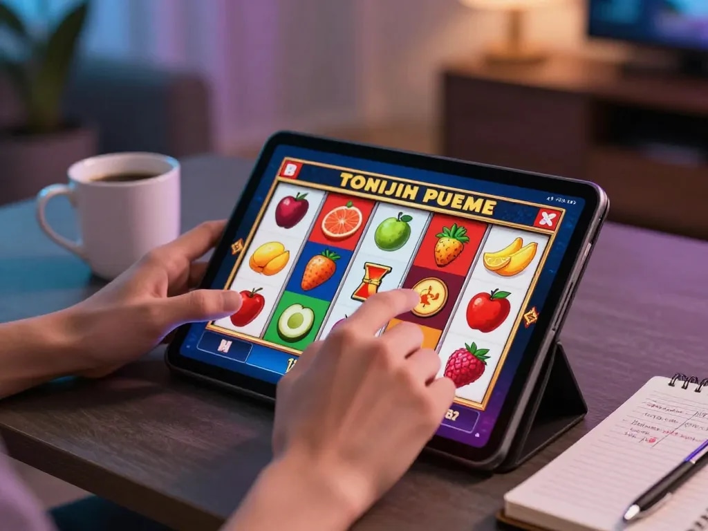 Engaging in online slot gameplay at home with aa88i, showcasing vibrant reels and strategic notes.