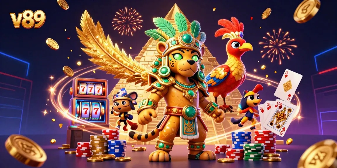 Slot gacor v89 menampilkan jaguar Mayan dan burung quetzal dikelilingi koin emas dan chip poker.