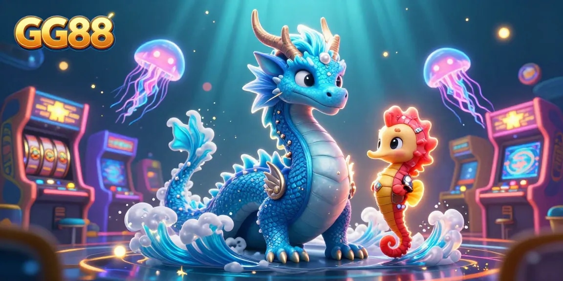 Experience thrilling entertainment with GG88’s vibrant underwater casino scene featuring a water dragon and gaming elements.