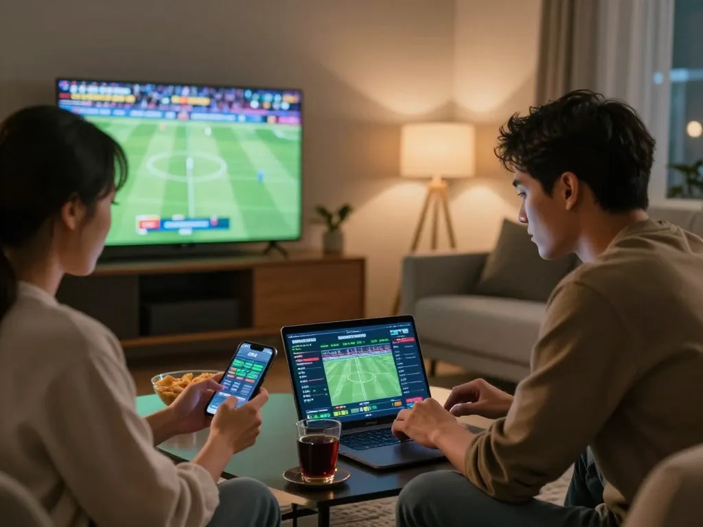 Strategic sports betting session on nk88 with friends analyzing stats and placing bets.