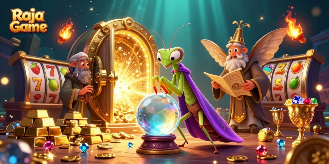 Raja Game captures excitement in a lively casino scene featuring colorful slot reels and treasures.