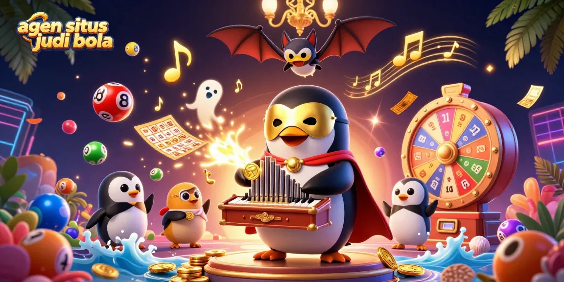 Experience the thrill with agen situs judi bola featuring a whimsical penguin playing a magical organ of riches.