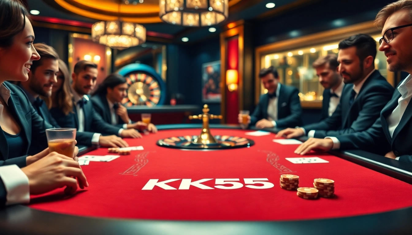 Players engaging in an exciting game at KK55 casino table, with poker chips and cards.