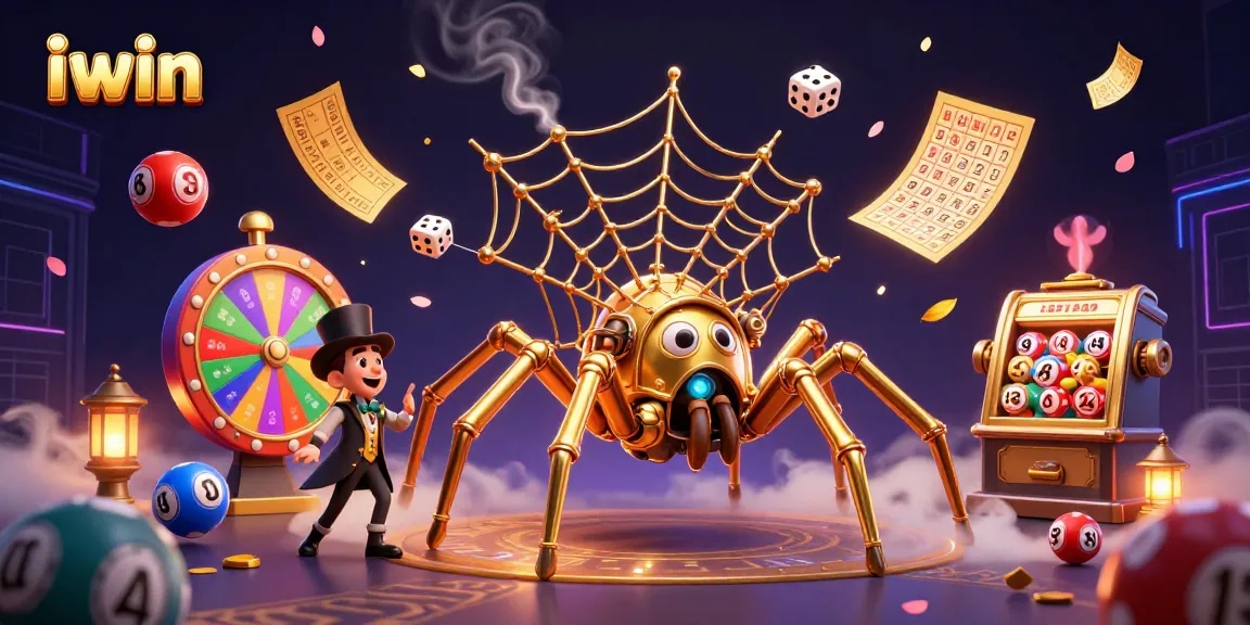 Engage with iwin's adventure as a golden spider catches dice in a vibrant casino scene.