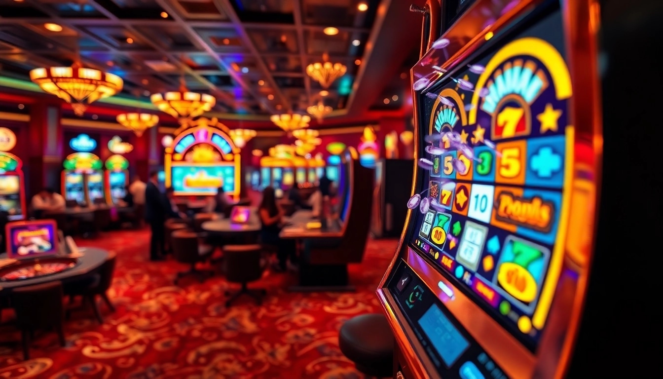 Pemain menikmati slot dan roulette di suasana kasino yang vibran.