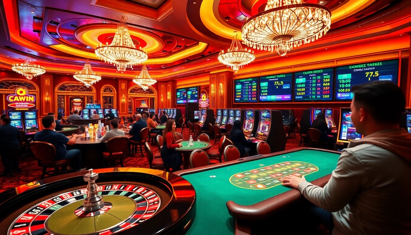 Players enjoying high-stakes games at KUWIN's luxurious casino, featuring poker and roulette.