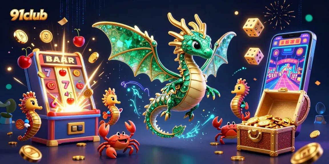 Engage with the vibrant 91club gaming scene, featuring a 3D sea dragon and captivating casino elements.