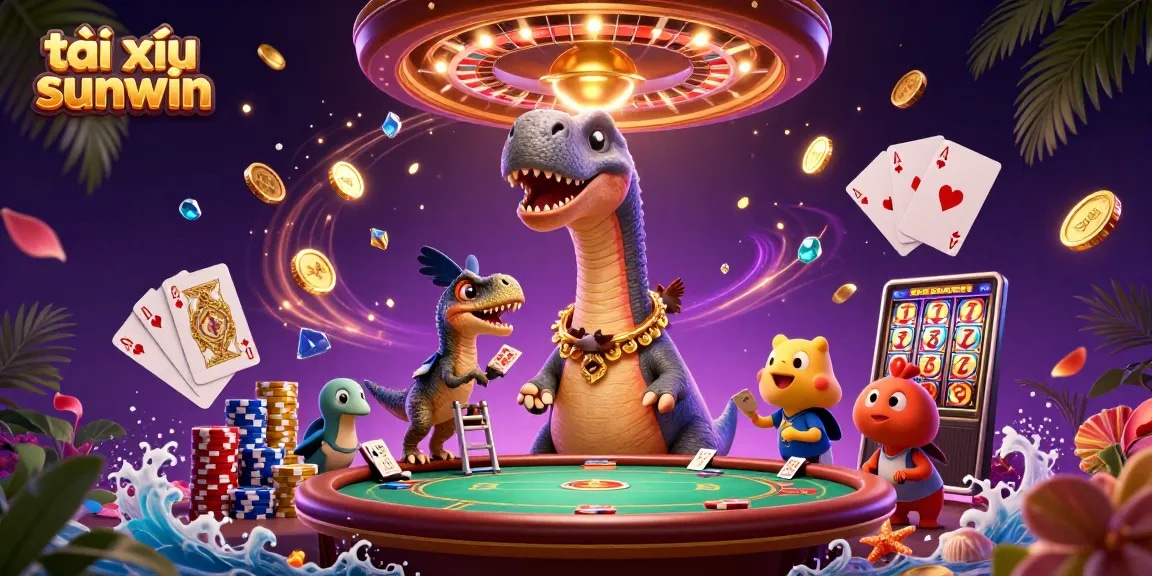 Tài xỉu sunwin features a towering brontosaurus and clever raptor captivating the casino scene with action-packed elements