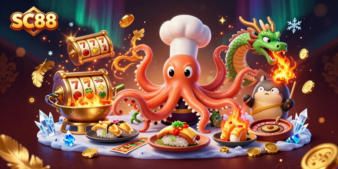 Immerse in SC88's vibrant casino experiences with an octopus chef, dragon, and tanuki in action.