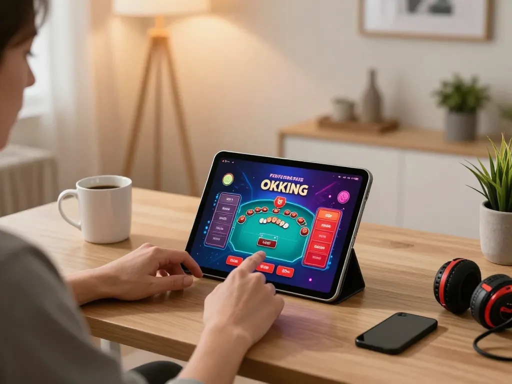 Engaging in poker gameplay on OKKING app, relaxing home office setup with cozy ambiance
