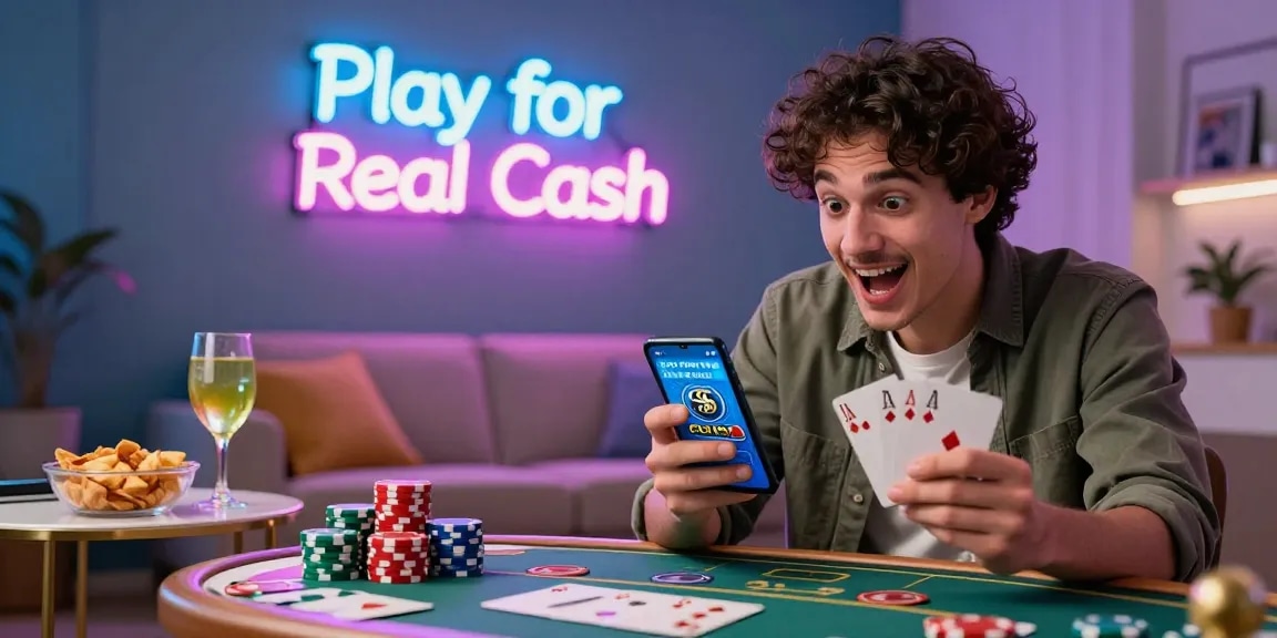 Teen Patti Gold gaming experience with player using smartphone, immersed in real cash play, Click to official link for download.