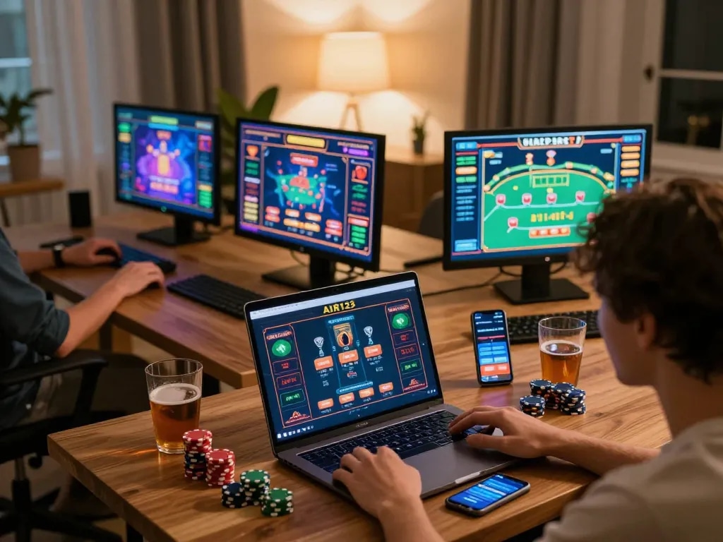 Pemain menikmati sesi mendebarkan di platform kasino online AIR123 dari pengaturan rumah yang nyaman