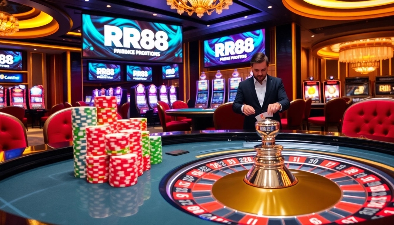Experience the excitement of RR88 at a luxurious casino table with vibrant chips and cards.