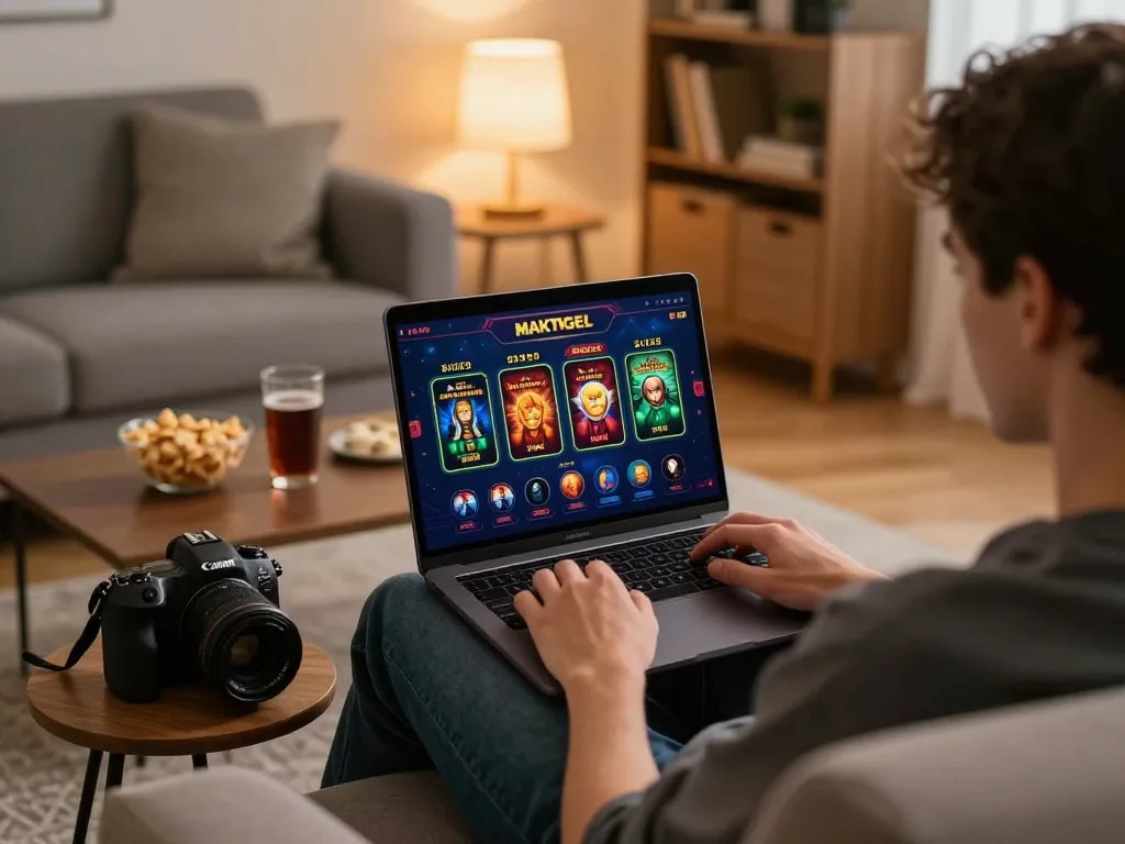 Pengalaman permainan online yang menarik dengan MAKTOGEL di laptop di setting rumah yang nyaman.
