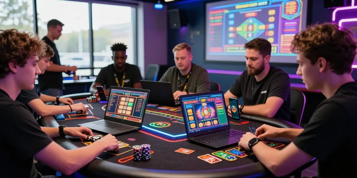 Exciting credit card casino scene with UK players engaged in various games, showcasing vibrant gaming atmosphere.