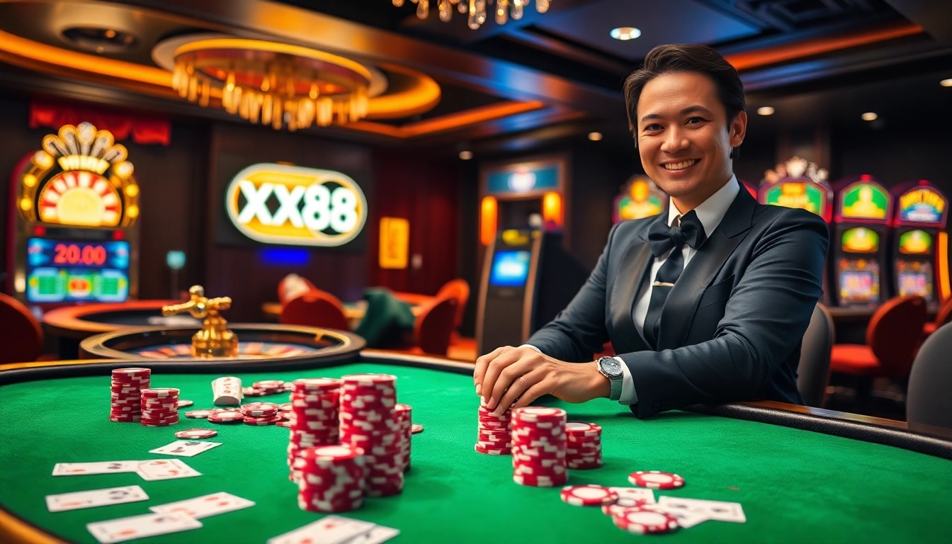 Experience the excitement of gambling at XX88 with vibrant poker chips and a spinning roulette wheel.