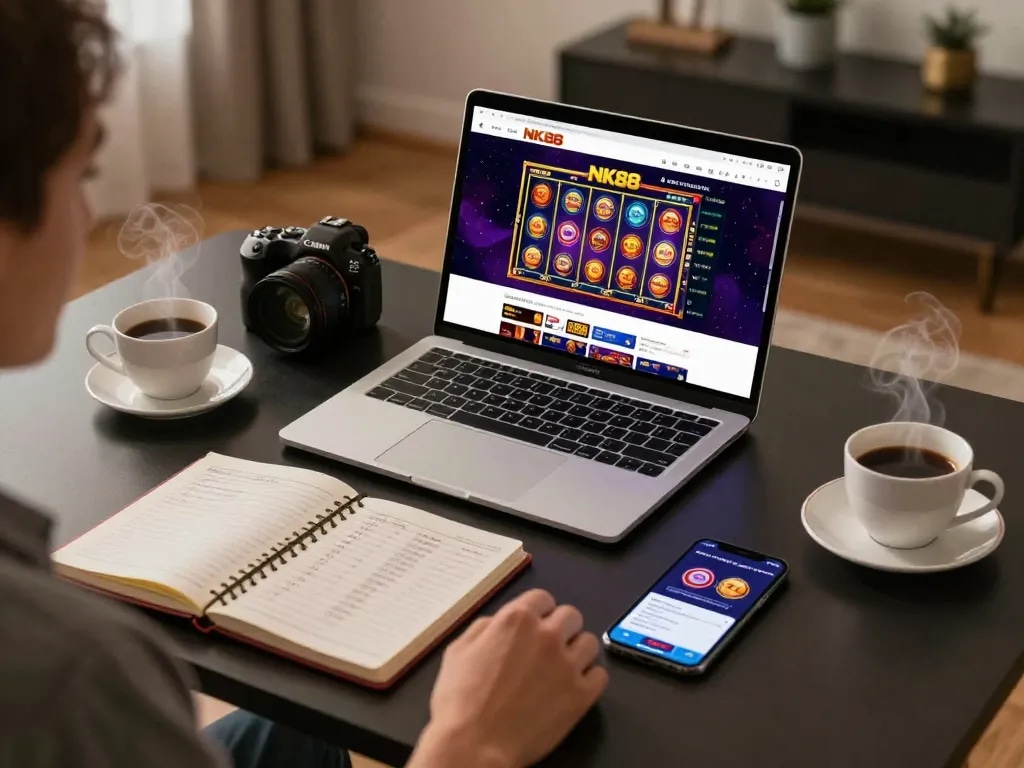 Engaging in strategic gameplay at NK88 online casino, showcasing an immersive home gaming setup.
