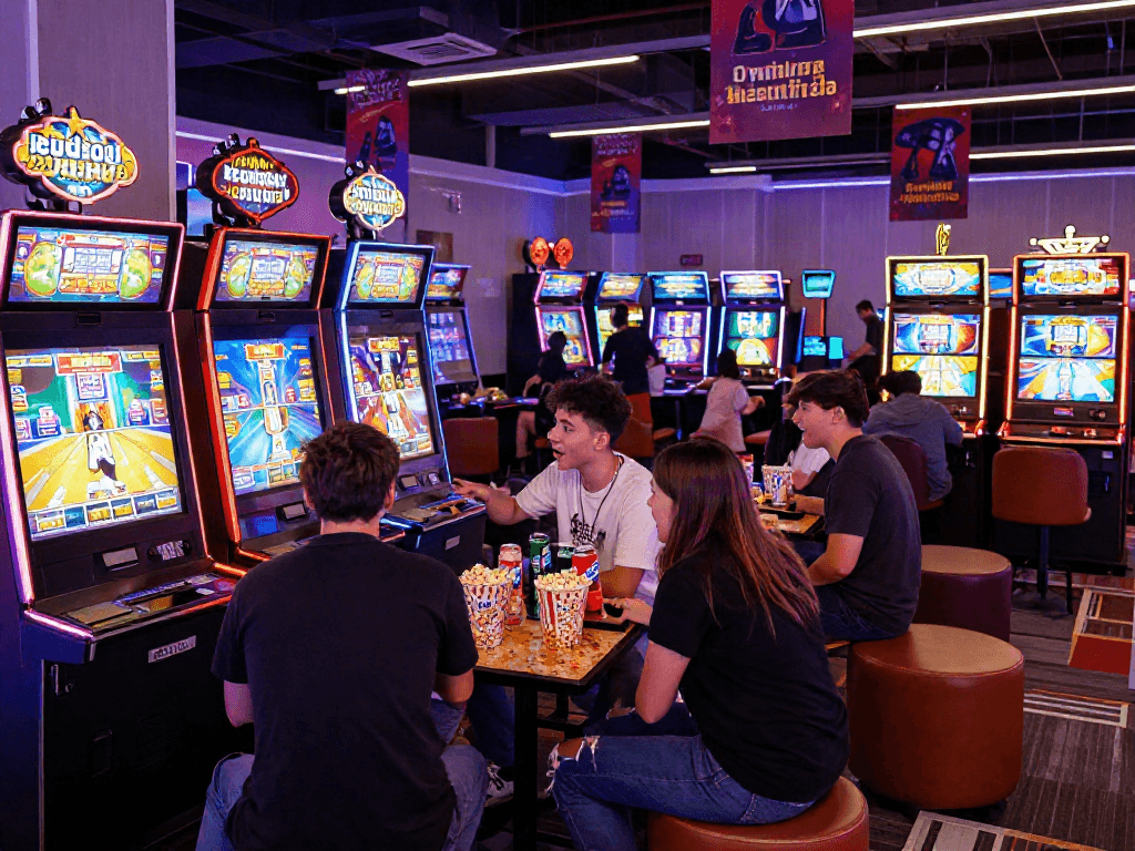 Friends enjoying a lively gaming experience at a kebuntoto slot machine.