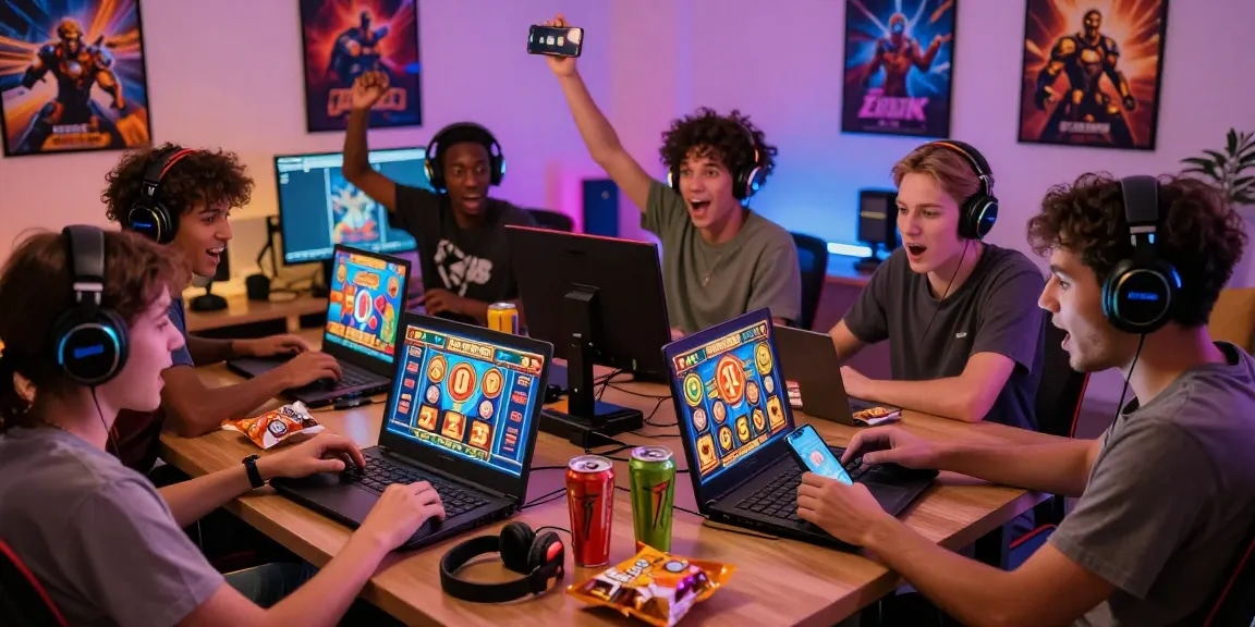 Permainan slot jackpot yang seru dengan pemain beragam di perangkat, suasana penuh keseruan dan kebahagiaan memenangkan jackpot.