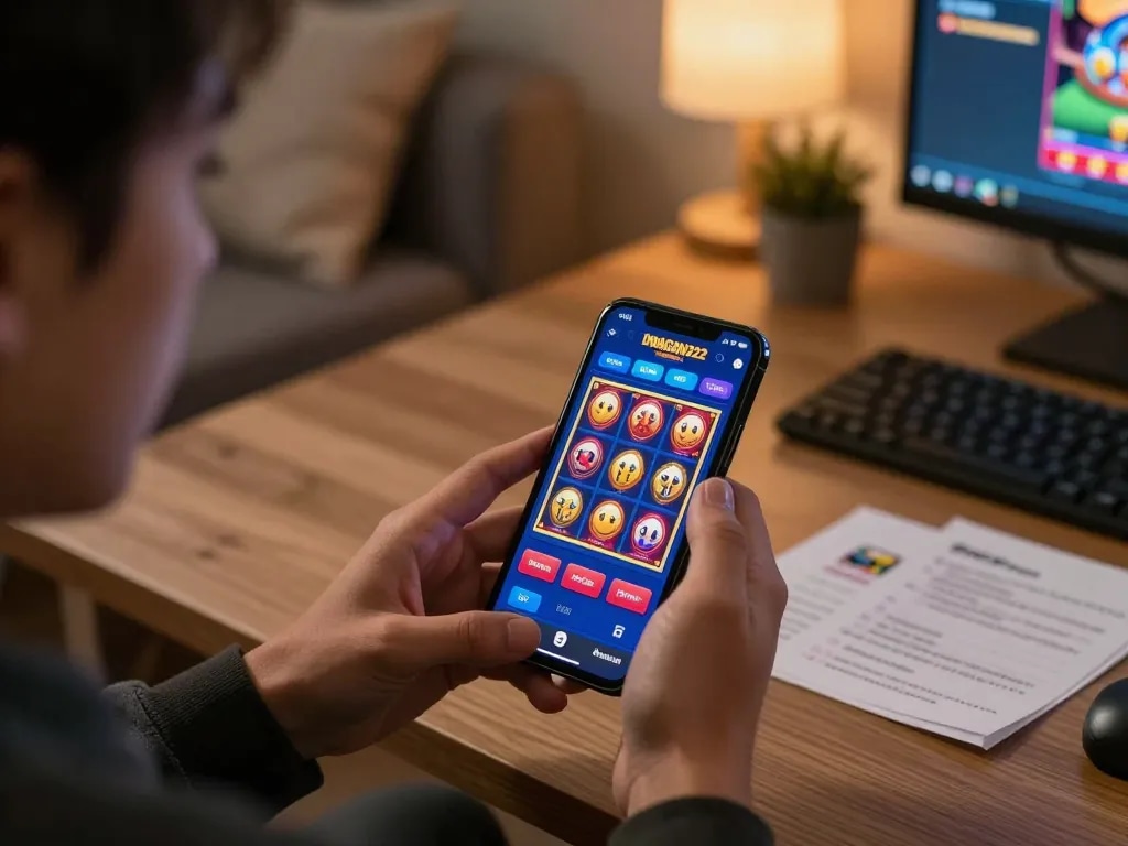 Engaging gaming moment on DRAGON222 app with vibrant slots on smartphone.
