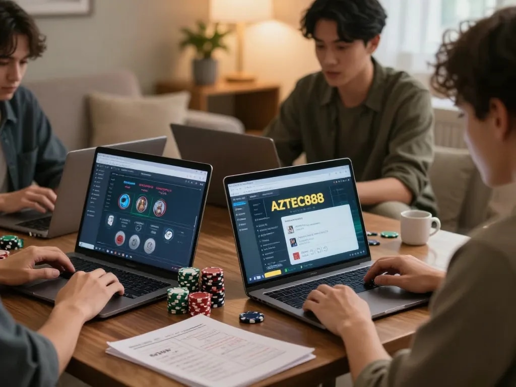 Players enjoying AZTEC888 online casino gaming with poker chips and strategy notes visible