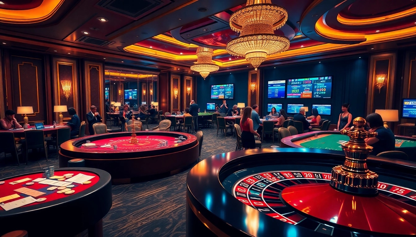 Players enjoying a thrilling game experience at VA88 casino tables, showcasing vibrant chips and roulette excitement.