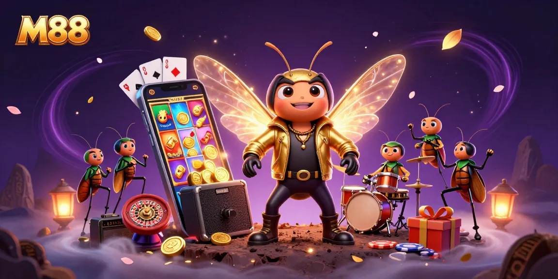 M88 rock star guiding players through exciting online slots, dynamic game elements enhance engagement.