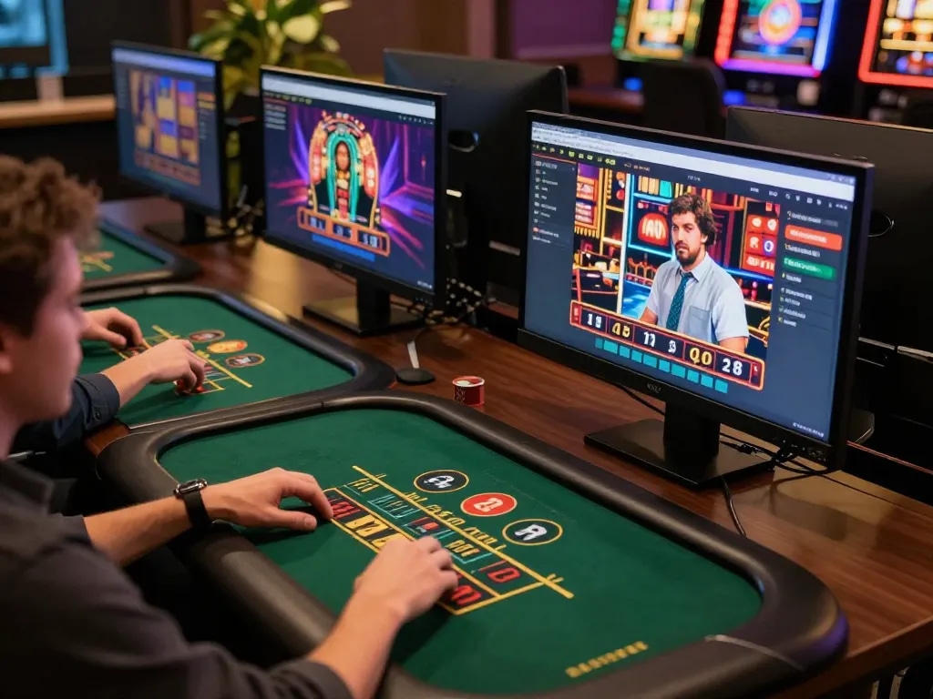 Players engaging in strategic online gaming with shbet casino platform on multiple screens, showcasing interactive betting