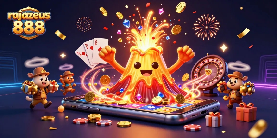 Play big and win with rajazeus 888 as coins erupt from the triumphant volcano illustration.