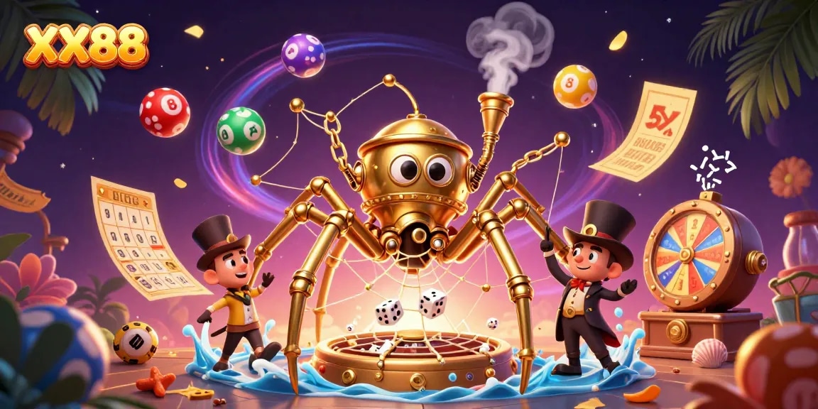 Engage with thrilling XX88 lottery games as a golden spider spins a web of luck and fortune.