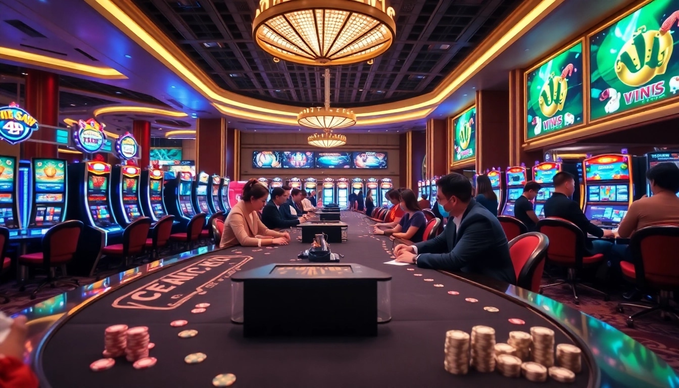 Players celebrate their wins at Nhà Cái XIN88, showcasing a thrilling casino atmosphere with vibrant slot machines.