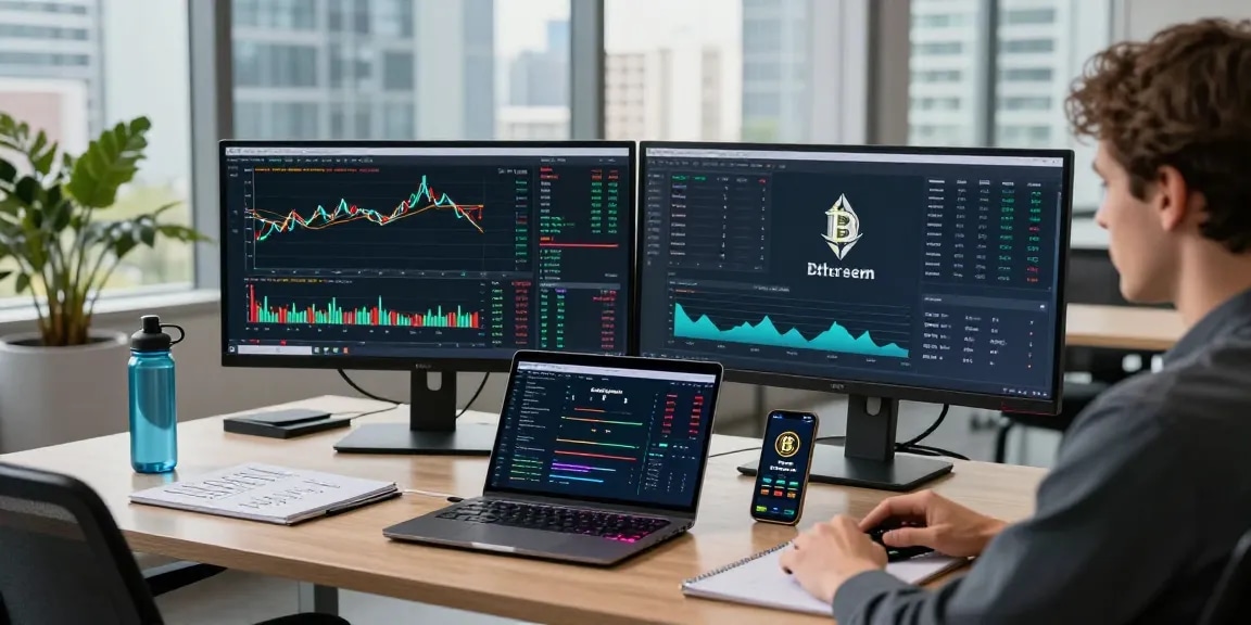 Playexch247 cryptocurrency trading setup featuring live charts and digital wallets in a secure, modern workspace.