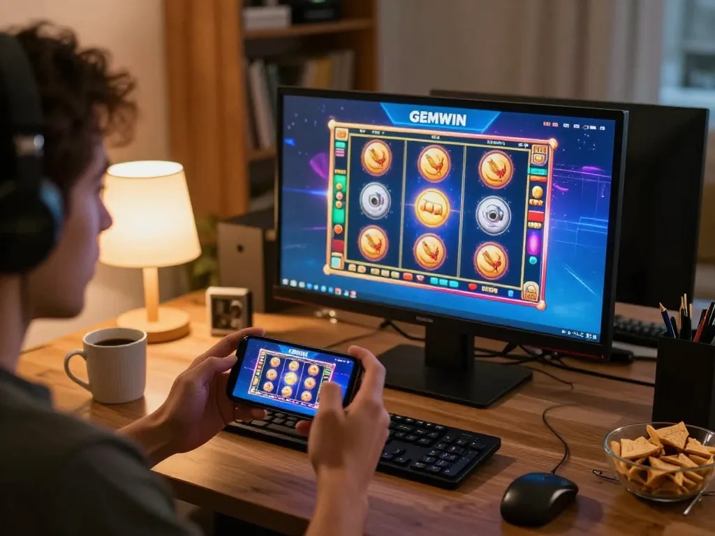 Engaging in GEMWIN online gaming with a smartphone, home setup featuring cozy elements and snacks