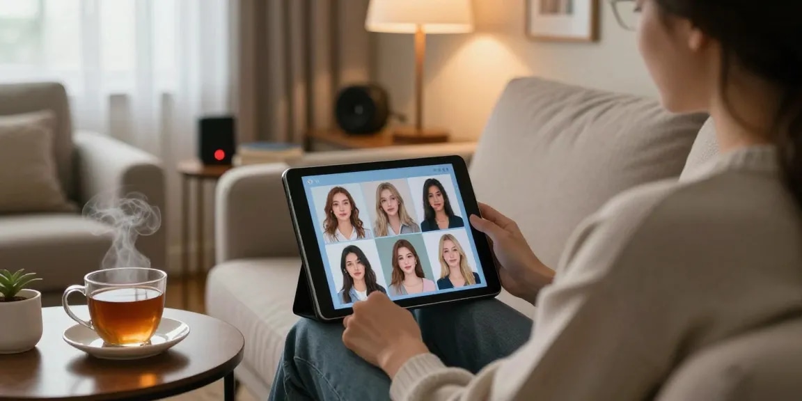 Engaging with an AI girlfriend in a cozy setting, showcasing digital interaction.