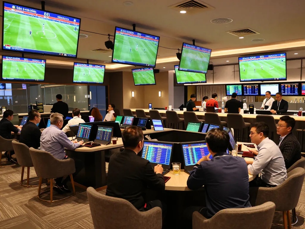 Engaged sports fans discussing kèo nhà cái 5 in a vibrant betting lounge with live screens.
