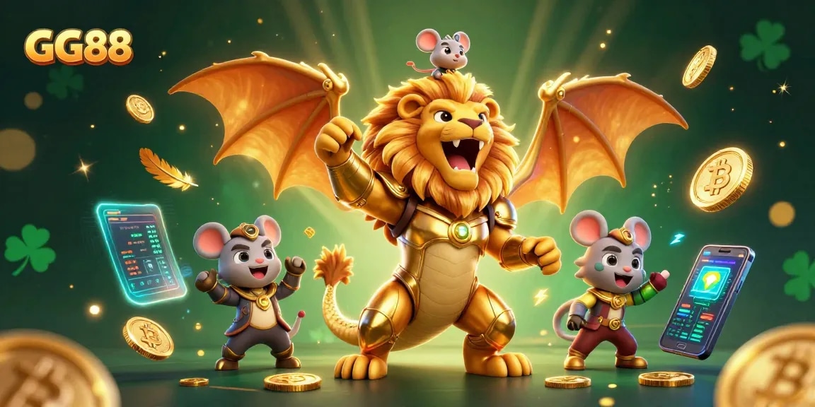 Experience GG88's dynamic betting action with a roaring chimera and crypto imagery in a vibrant casino scene.