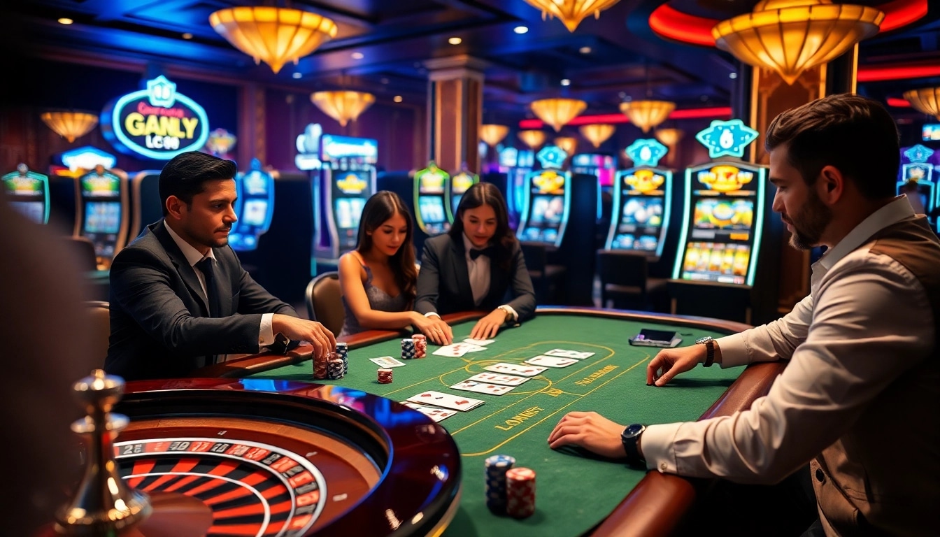 LC88 professional poker players engaging in high-stakes gameplay at a vibrant casino table.