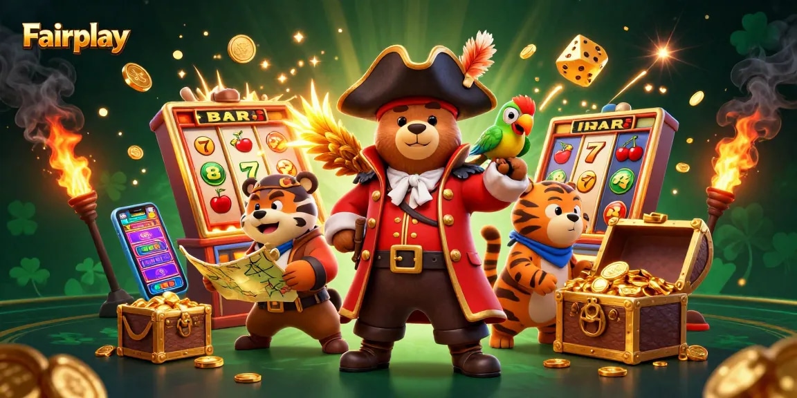 Experience jackpot excitement with Fairplay's thrilling 3D casino scene featuring colorful gaming elements.
