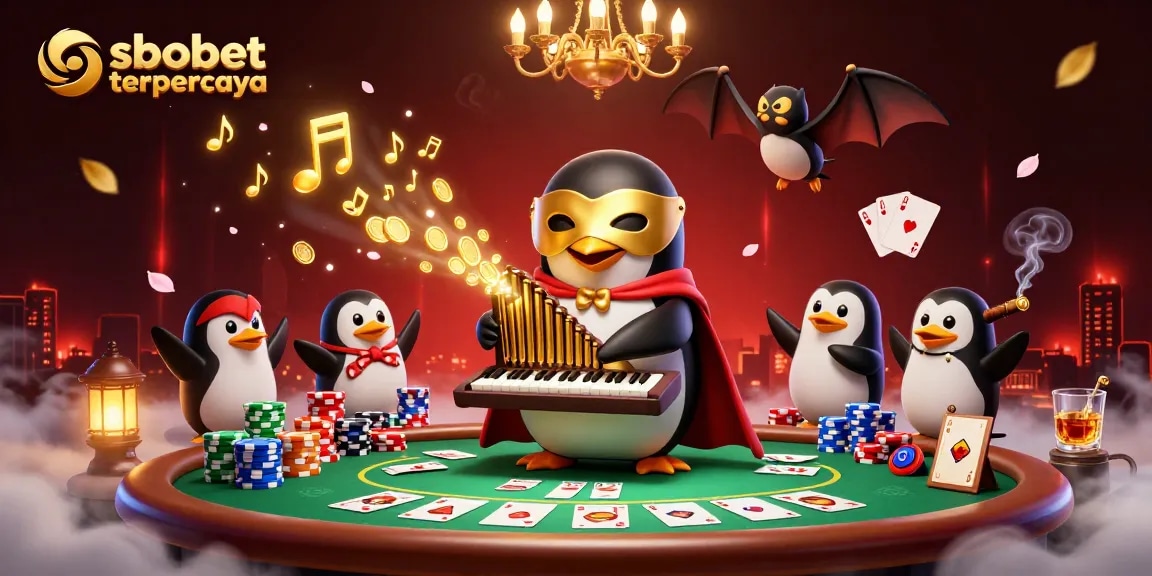 Engage in thrilling sports betting with sbobet terpercaya at a lively casino-themed illustration.