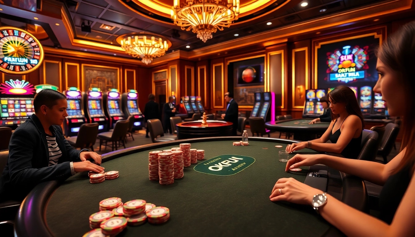 Engaging poker game at OKFUN casino with excited players and vibrant slot machines.