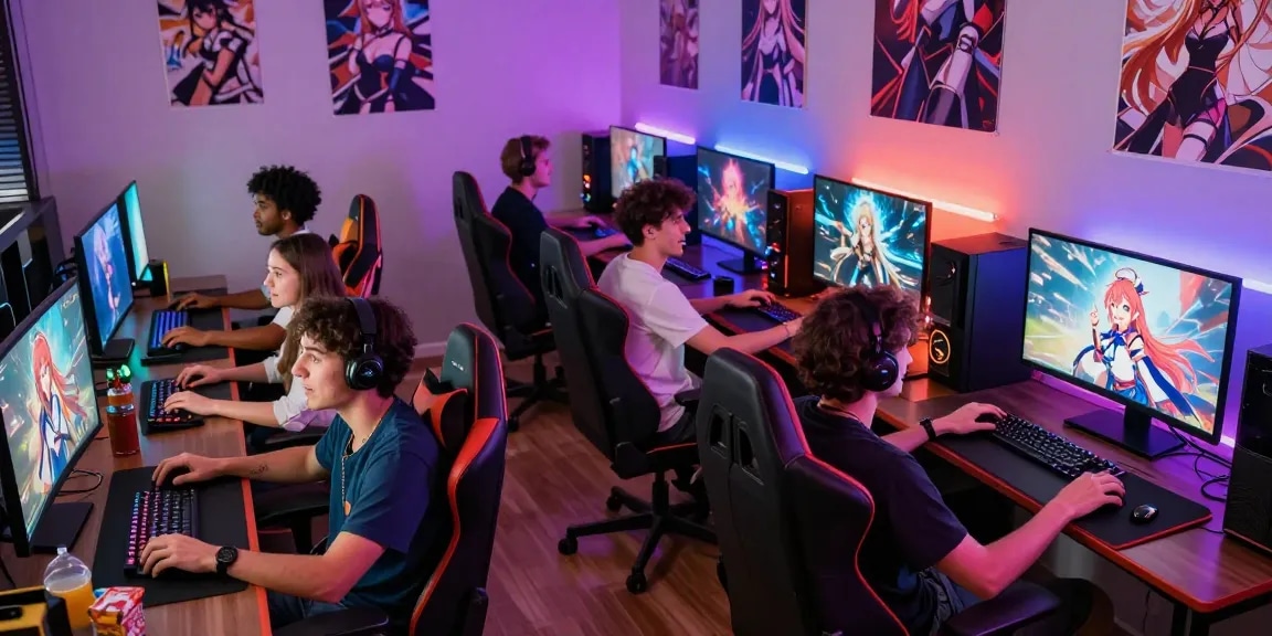Dynamic gaming scene featuring players enjoying hentai games with vibrant setups and engaging expressions.