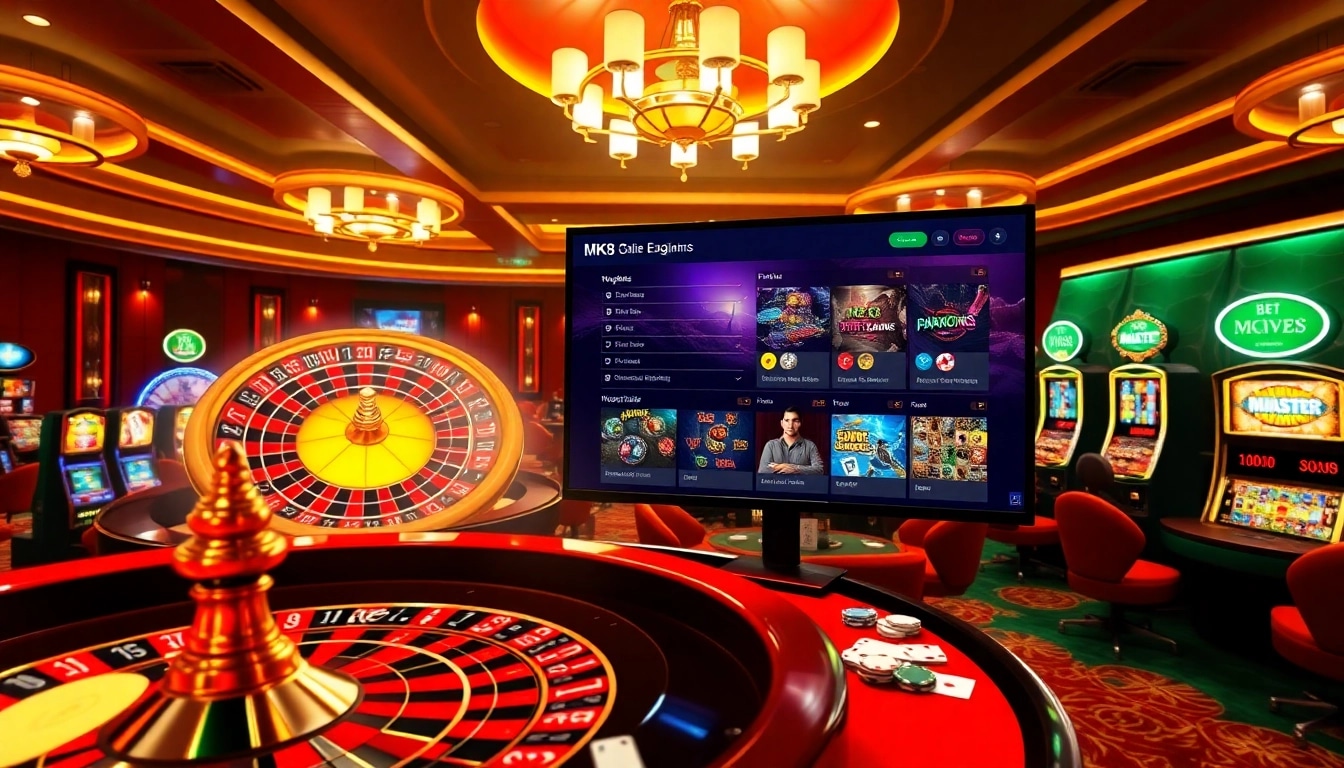 Experience the thrill of winning at https://mk8th.net/ with a vibrant casino scene showcasing poker tables and roulette.